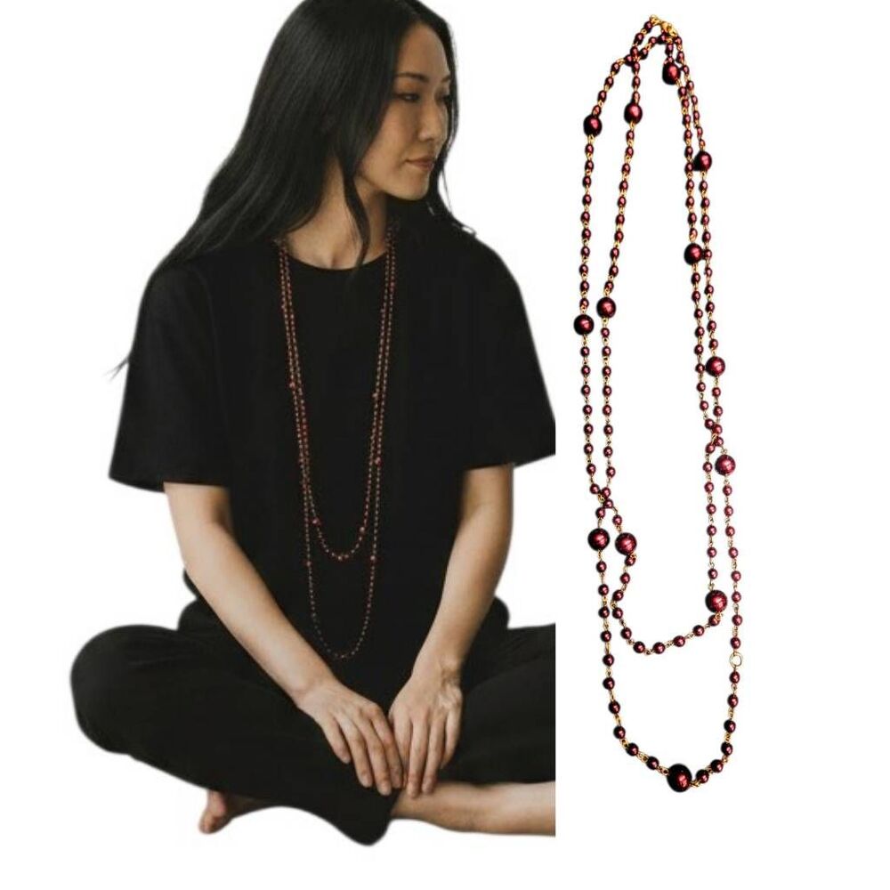 Necklace Long Sparkly Red Burgundy Metallic Gem Beaded Jewels w Goldtone Chain